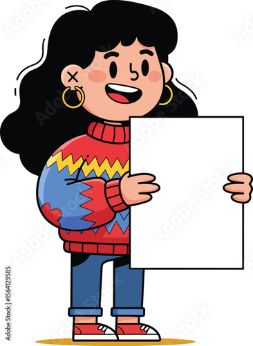 Cartoon girl holding blank white sign in colorful sweater with zigzag pattern and jeans