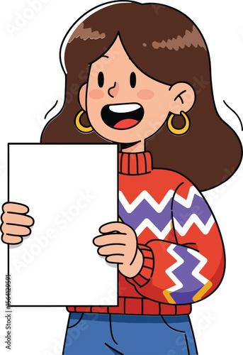 Girl holding blank white paper sheet wearing colorful patterned sweater and blue jeans smiling naturally 