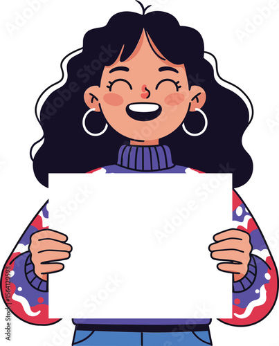 Smiling girl with curly hair holding blank white sign in colorful sweater and hoop earrings cheerful expression 