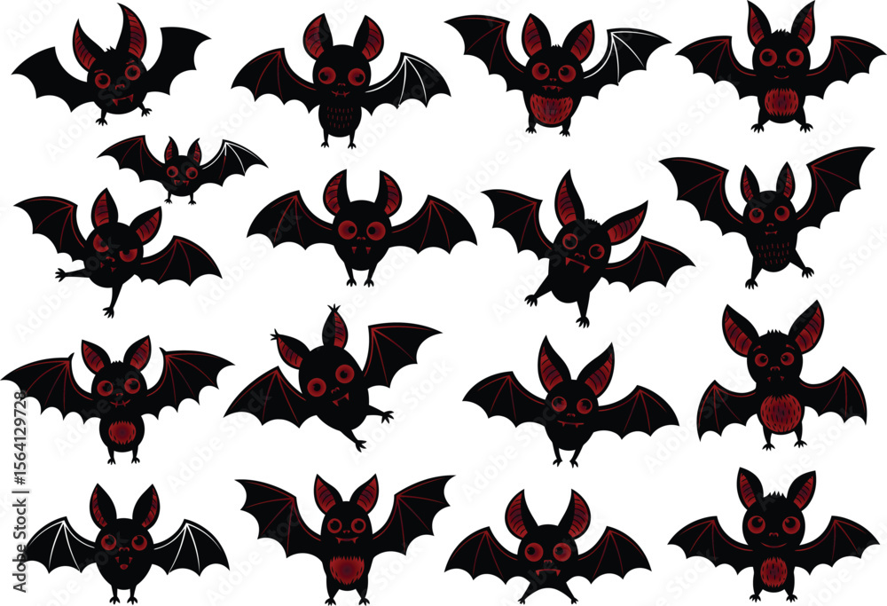Fototapeta premium Collection of cute cartoon bats with glowing red eyes. Fun and spooky Halloween vector characters.