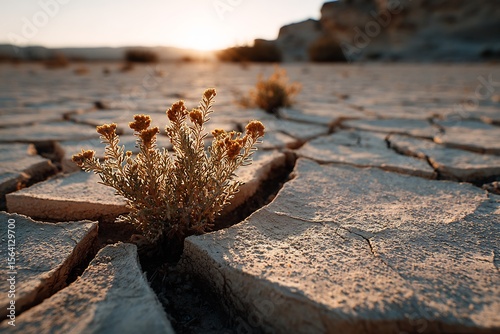 Close up of cracked desert soil America dry textures with tiny wild plants surviving