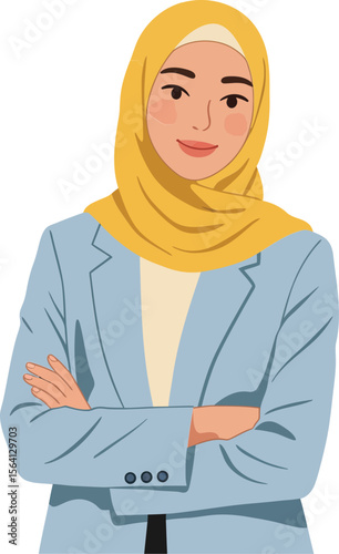 Confident muslim woman in yellow hijab and blue blazer standing with arms crossed in simple illustration style 