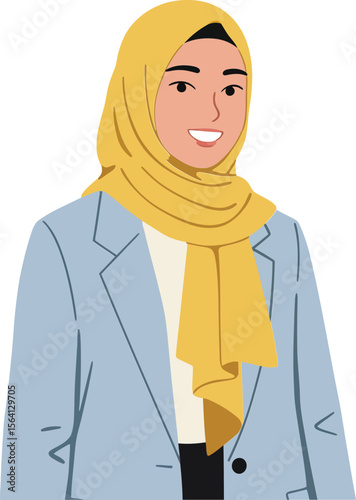 Young woman wearing yellow hijab and light blue blazer smiling in portrait style digital illustration 