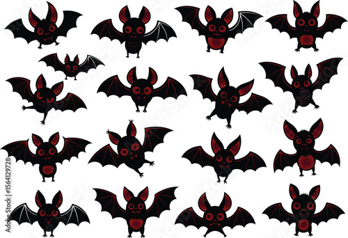 Collection of cute cartoon bats with glowing red eyes. Fun and spooky Halloween vector characters.