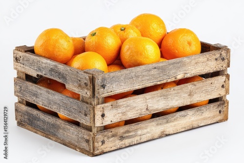 A rustic wooden crate brimming with a dozen vibrant, ripe oranges, set against a stark white backdrop