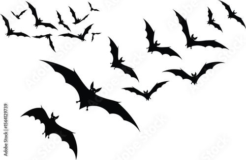 Flock of black bat silhouettes flying in formation. Spooky Halloween vector design element.