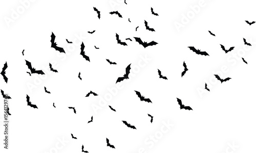 Swarm of flying black bat silhouettes. Spooky Halloween vector background and design element.