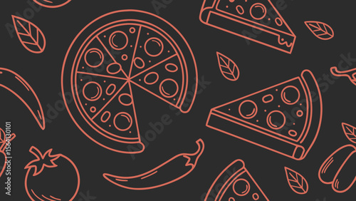 Seamless pizza icon pattern with red linear drawings on black. Dynamic, bold layout with slices, cheese, olives, and chili peppers