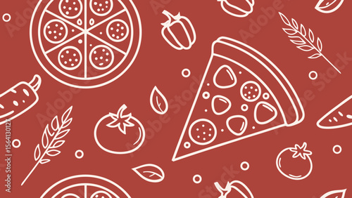 Seamless pizza pattern with white linear icons on red. Includes pizza slices, cheese, tomatoes, and delivery elements in a modern flat design