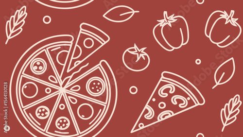 Seamless pizza pattern with white linear icons on red. Includes pizza slices, cheese, tomatoes, and delivery elements in a modern flat design