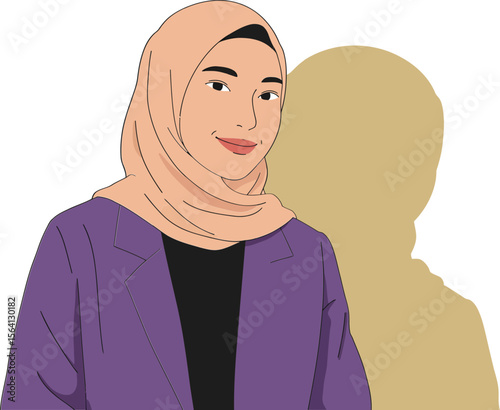 Woman in hijab wearing purple jacket and beige scarf with shadow in minimalist style portrait 