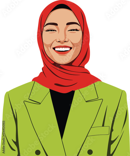 Smiling woman wearing red hijab and green blazer portrait in flat vector style with white background 