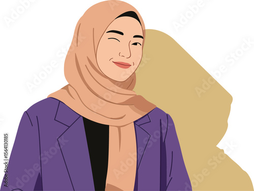 Young woman wearing beige hijab and purple blazer with shadow on white background natural light portrait 
