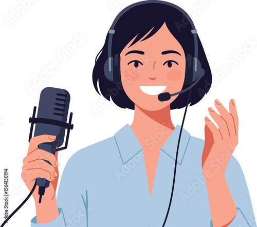 Young woman with headset and microphone holding podcasting equipment smiling naturally in illustration 
