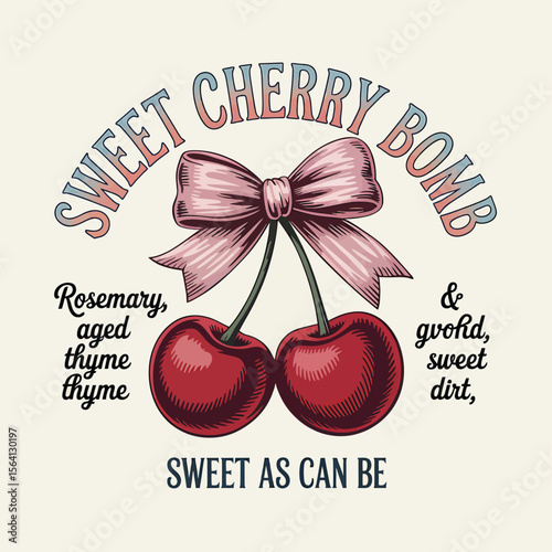 Delightful cherries with a ribbon bow and vintage typography combine for a sweet bomb design, excellent for branding, food products, and unique product labels and creative artwork.