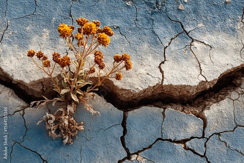 Close up of cracked desert soil America dry textures with tiny wild plants surviving