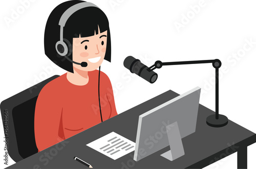 Woman Hosting Podcast Recording with Headphones and Microphone in Modern Studio Setup 