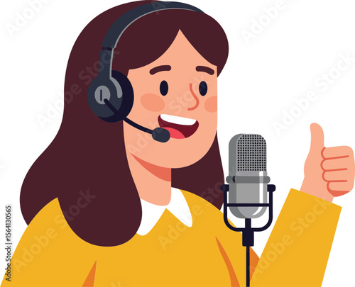 Female Podcaster Wearing Headset Speaking Into Microphone Giving Thumbs Up Gesture in Yellow Sweater 