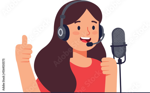 Woman podcast host recording with microphone and headset showing thumbs up gesture in studio environment 