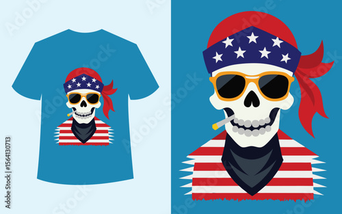 Cool Skull T-Shirt Design: Patriotic Americana Style,  Vector Illustration,  Bold Graphics,  Rebellious Mood.
