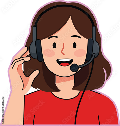 Customer service representative woman wearing headset in red shirt smiling and communicating actively online 