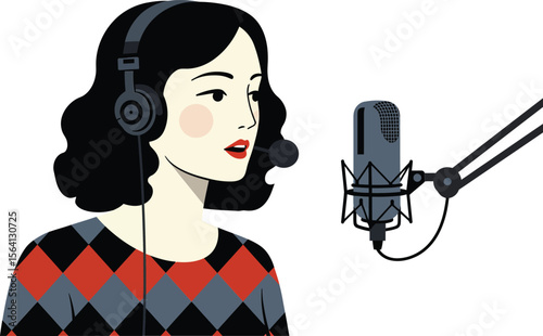 Young woman speaking into microphone with headphones in podcast recording studio setting digital illustration 