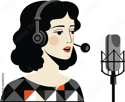 Woman with black hair wearing headset speaking into microphone in podcast recording studio 