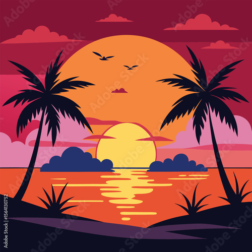 Tropical Sunset: Vibrant Flat Design Beach Scene with Palm Trees and Birds