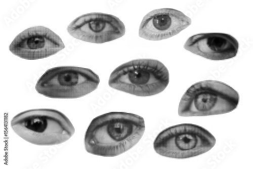 Retro halftone collage eye for use in mixed media designs. Dotted pop art style open human eye with half-tone texture. black and white illustration of vintage grunge punk crazy art stencils. 