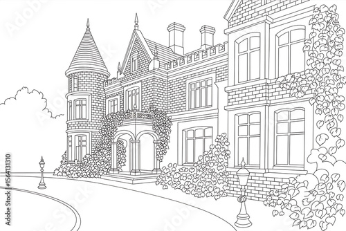 Grand estate with winding driveway and ornate facade.