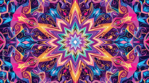 Intricate and colorful geometric mandala pattern in bright vivid colors and floral accents.