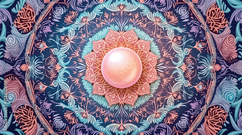 Intricate floral mandala design featuring a central pearl with beautiful colors and detailed patterns.