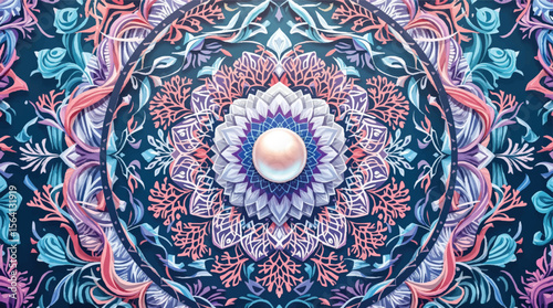 Intricate floral mandala artwork with a pearl center in a complex layered and colorful design.