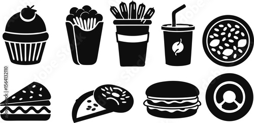 Collection of stylized black and white icons representing popular fast food items and drinks