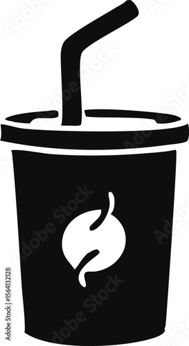 Stylized black and white icon of a disposable coffee cup with a straw