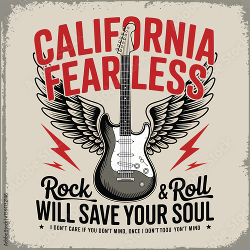 California fearless rock and roll emblem with guitar and wings presents musical passion and rebellious spirit, ideal for band promotion, t-shirt designs and vintage posters.