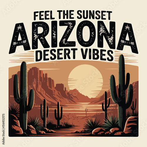 Explore Arizona's desert landscapes with this design featuring cacti and a stunning sunset, perfect for travel themes, southwest vibes, or nature-inspired design projects.