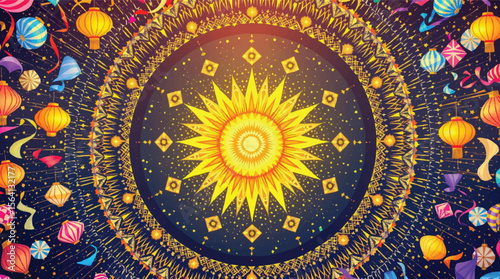 Vibrant artistic illustration of a celestial sun and festive lanterns on a deep blue background.