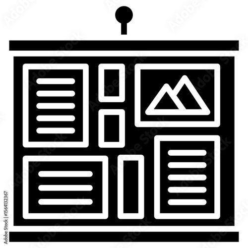 Bulletin Board glyph icon, use for journalist, broadcasting, education, news and media UI, UX kit, app and web development, digital or print.