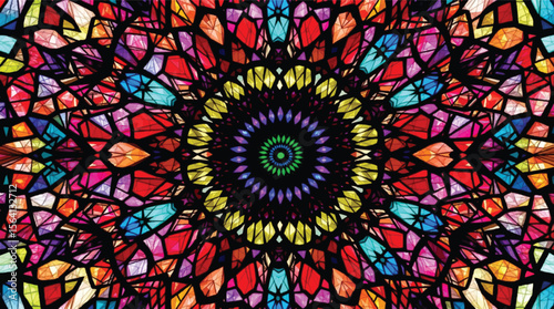 A vibrant kaleidoscope of colorful geometric shapes forming a beautiful stained glass effect.