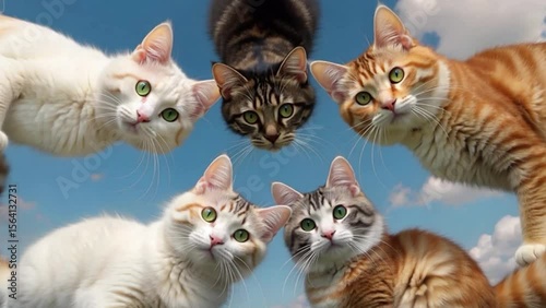 Five Multicolored Cats in Circular Formation Gazing at Camera under Blue Sky with Gentle Breeze