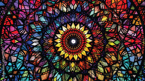 Abstract colorful stained glass mandala with geometric pattern and vibrant artistic design.