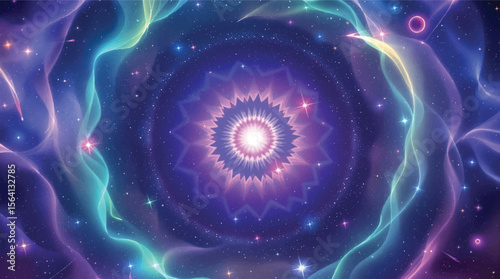 Abstract cosmic illustration of nebula and celestial starry space background in colorful hues.