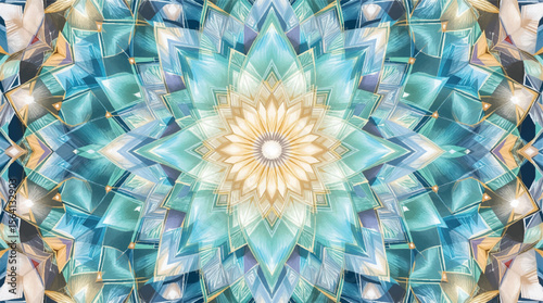 Abstract geometric mandala design with turquoise and gold tones artistic decorative background.