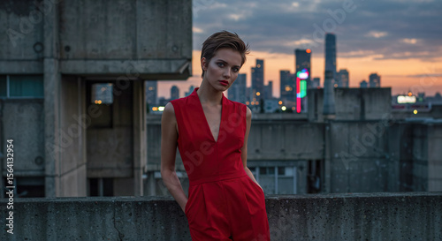 Sophisticated Red Evening Dress Portrait at Sunset with City Lights