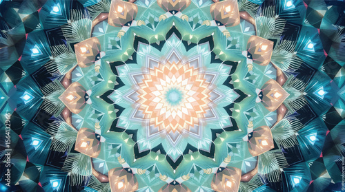 Abstract mandala artwork featuring turquoise and peach hues with geometric symmetrical design.