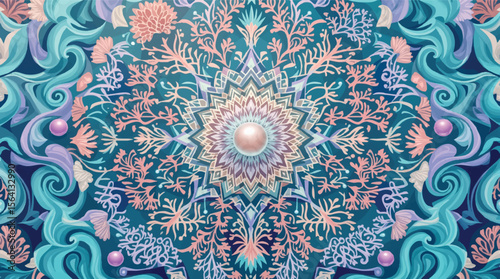 Artistic floral mandala design with ocean elements and a central pearl illustration.