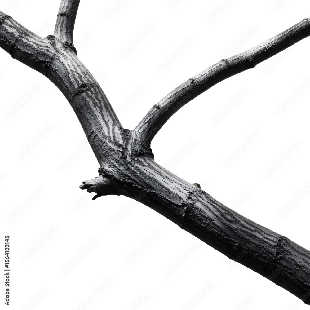 Fototapeta premium Grayscale Tree Branch with Textured Bark and New Growth Against White Background, Capturing Natural Complexity and Simplicity