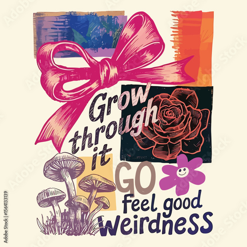 A cheerful graphic with expressive hand-drawn elements, showcasing a bow, rose, mushrooms, and the uplifting message "Grow Through It", ideal for inspiring artwork or playful designs.