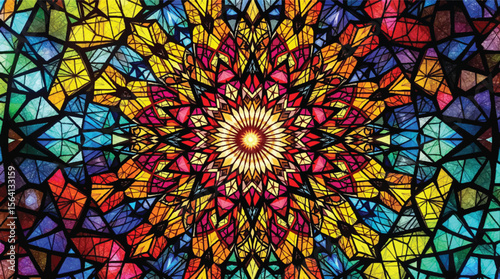 Colorful stained glass abstract pattern of a floral design with vibrant mosaic elements.